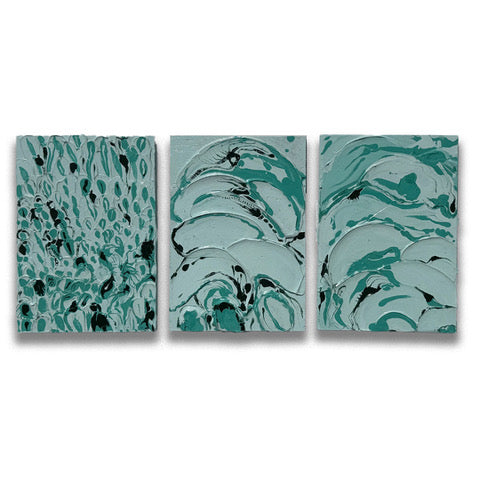 Aqua Impasto series by Tory Burke, three original impasto paintings shown together