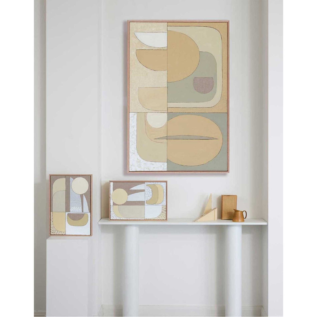 Clay Stucco - Giclee print artwork framed in raw oak on a wall and white stand