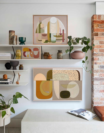 Adonis abstract wall art print medium framed, styled with Aphrodite print in a warm-toned interior with terracotta arch and shelving