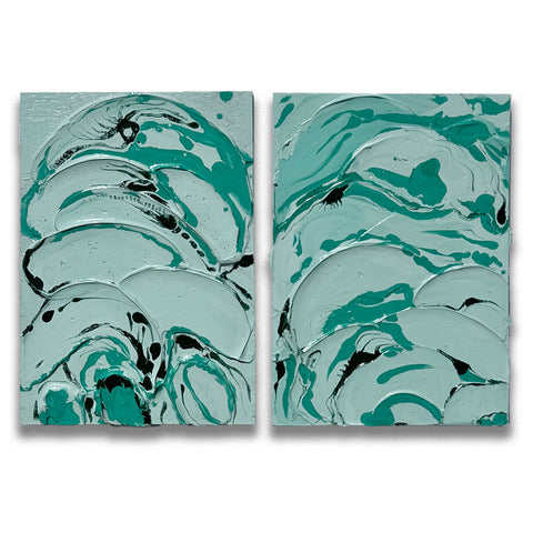 Aqua Impasto 1 and 2 by Tory Burke, original impasto paintings shown as a pair
