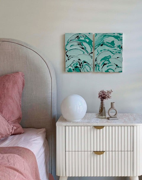 Aqua Impasto 1 and 2 by Tory Burke hung as a pair in a styled interior