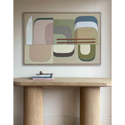 Large abstract wall art above sofa in modern living room with neutral styling
