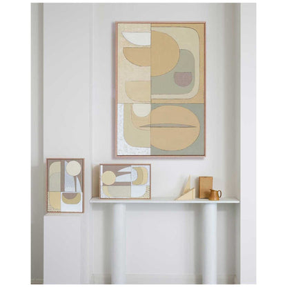 Soft neutral abstract wall art above bed in modern bedroom