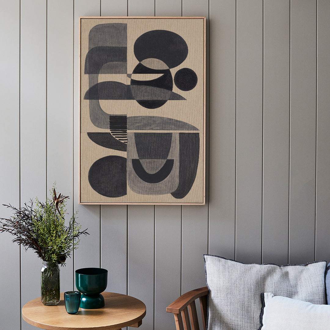Charcoal Stucco - Giclee print artwork framed in raw oak on a wall in a lounge room