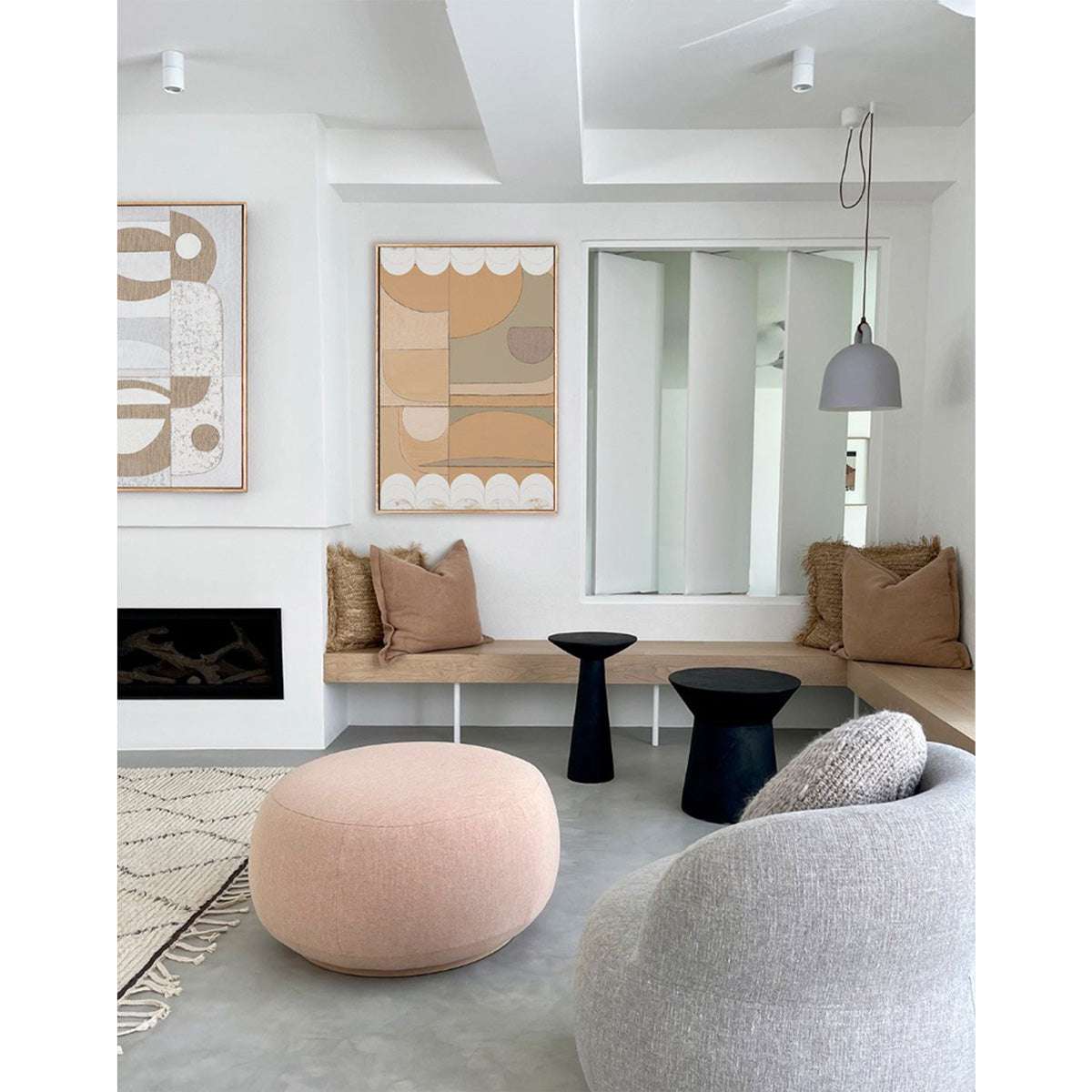 Clay Scallop - Giclee print artwork framed in raw oak in a lounge setting