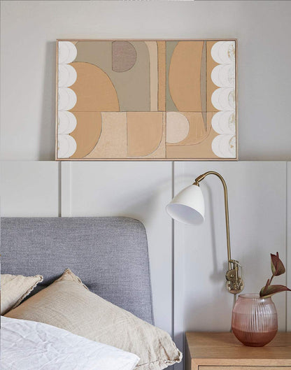 Clay Scallop - Giclee print artwork framed in raw oak above a bed on a bedroom wall
