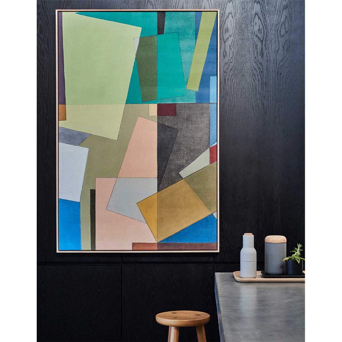 Large green abstract wall art above sofa in modern interior