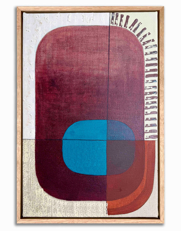 Abstract art piece with geometric shapes in a wooden frame