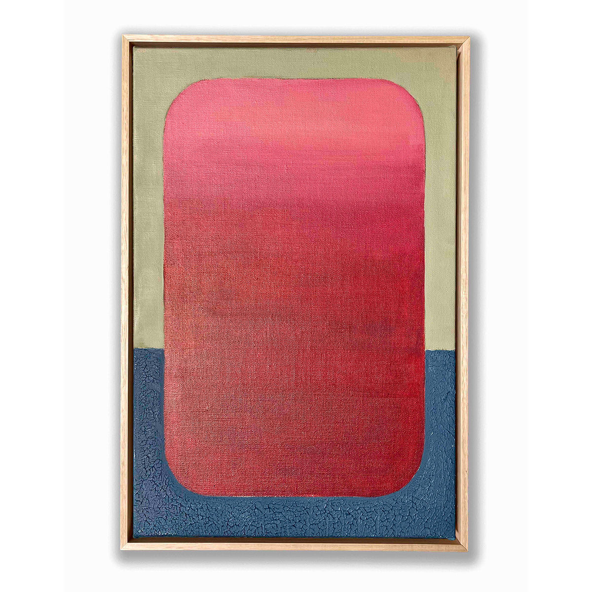 Framed abstract art with red and blue gradient on a beige background