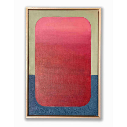 Framed abstract art with red and blue gradient on a beige background