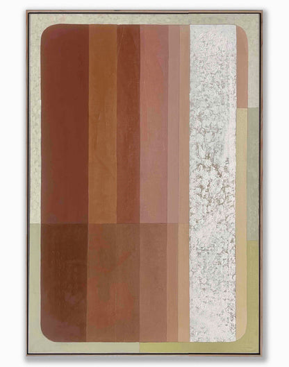 Studio Elwood “Crimson Rust Ombre” — abstract landscape-inspired artwork featuring warm layered colour fields in terracotta and sand hues, showcasing texture and organic form on natural linen.
