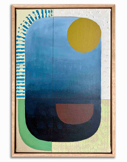 Abstract art piece with geometric shapes in a wooden frame