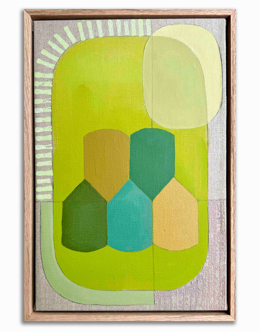 Framed abstract art piece with geometric shapes in green and brown on a textured background