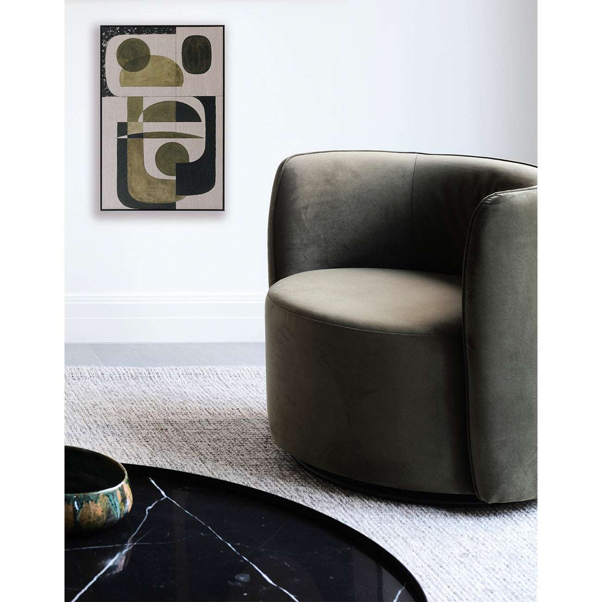 Olive Green Abstract wall art in a living room setting