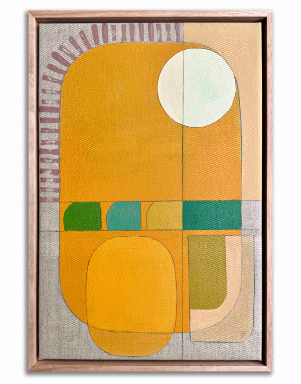 Abstract art piece with geometric shapes in warm colors on a textured background