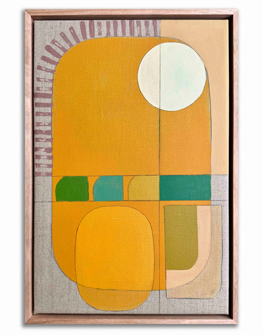 Abstract art piece with geometric shapes in warm colors on a textured background