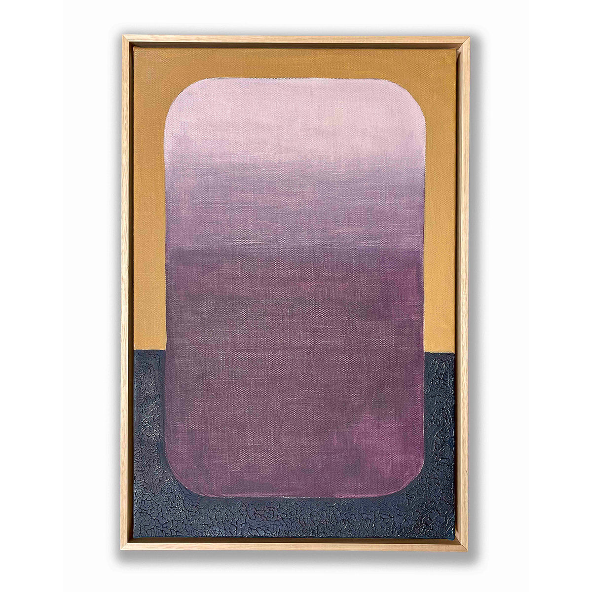 Abstract art piece with a raw oak frame on a white background