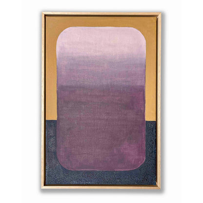 Abstract art piece with a raw oak frame on a white background