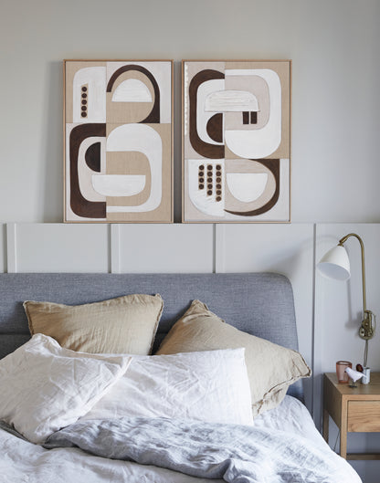Abstract bedroom wall art above bed in neutral tones by Studio Elwood
