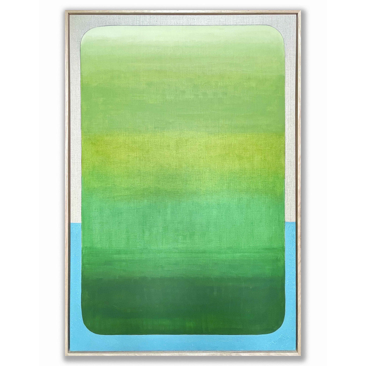 Abstract art print with a gradient of green and blue in a white frame.