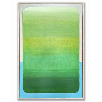 Abstract art print with a gradient of green and blue in a white frame.