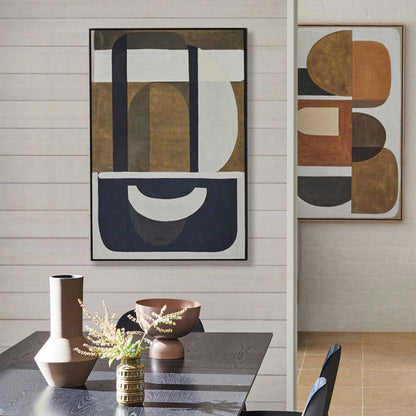 Large abstract wall art above sofa in modern living room with neutral palette