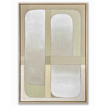 Abstract art piece with geometric shapes in neutral colors on a white background