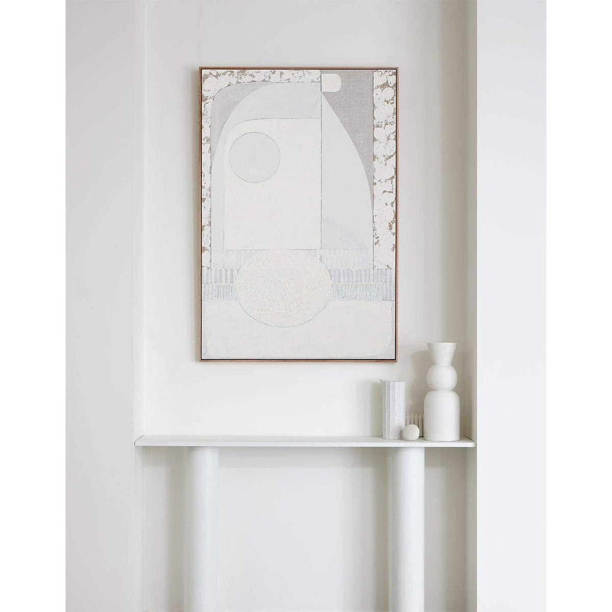 Stark White Stucco - Giclee print artwork on a white wall with white vase