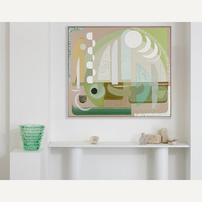 Zeus abstract wall art print large framed, hung in a contemporary white interior above a round dining table