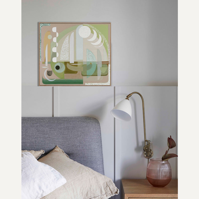 Zeus abstract wall art print medium framed, styled on white shelves alongside ceramics and decorative objects