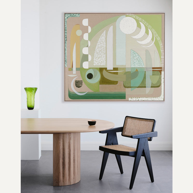 Zeus abstract wall art print XL framed, displayed above a timber desk in a bright modern living space